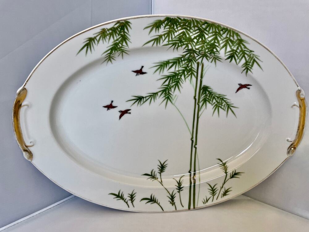KUTANI Porcelain Gold Gilded Serving Platter Bamboo Trees and Birds Pattern 16"